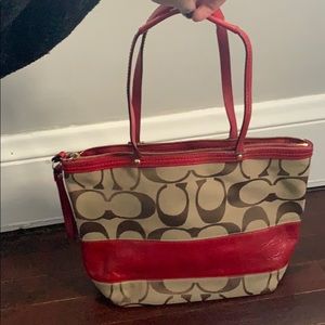 Red Leather and Fabric Coach Bag